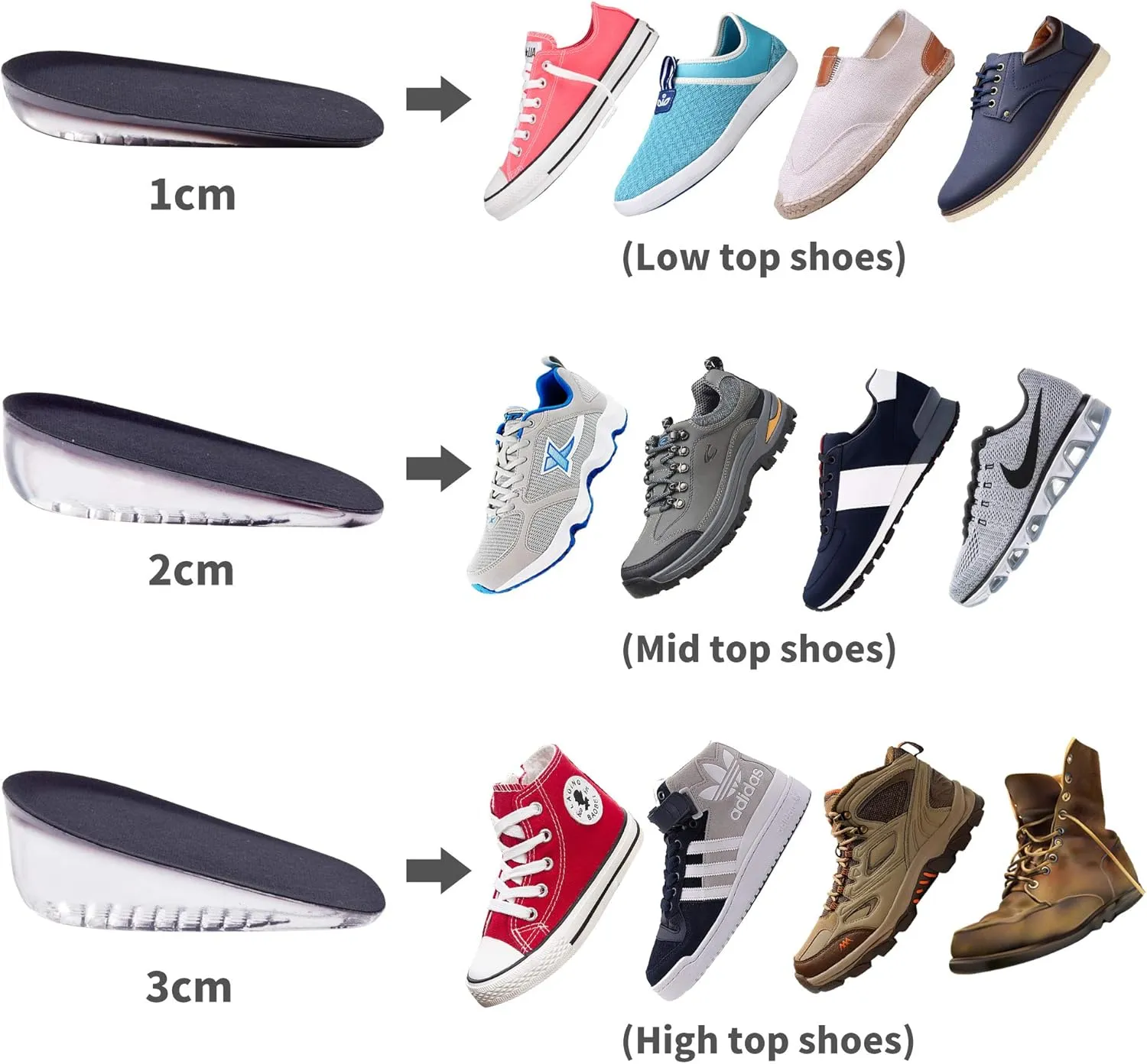1 Pair Gel Height Increase Heel Insoles,Invisible Shoe Lifts Inserts,Cushion Elastic Shock Absorption Heel Pads,Increase Height 1cm2cm 3cm for Men and Women (Black, L for Men,heaght:1cm)