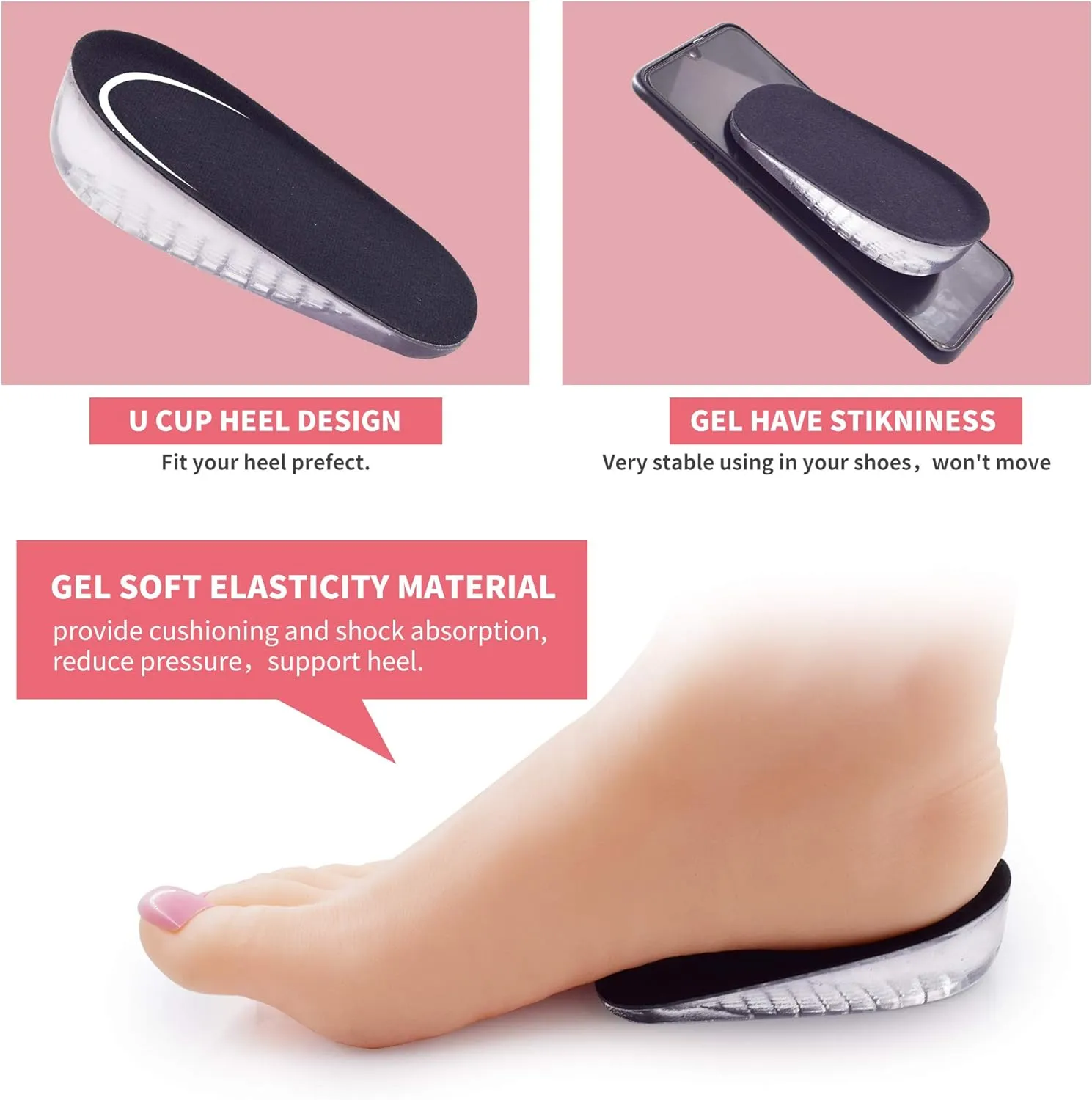 1 Pair Gel Height Increase Heel Insoles,Invisible Shoe Lifts Inserts,Cushion Elastic Shock Absorption Heel Pads,Increase Height 1cm2cm 3cm for Men and Women (Black, L for Men,heaght:1cm)