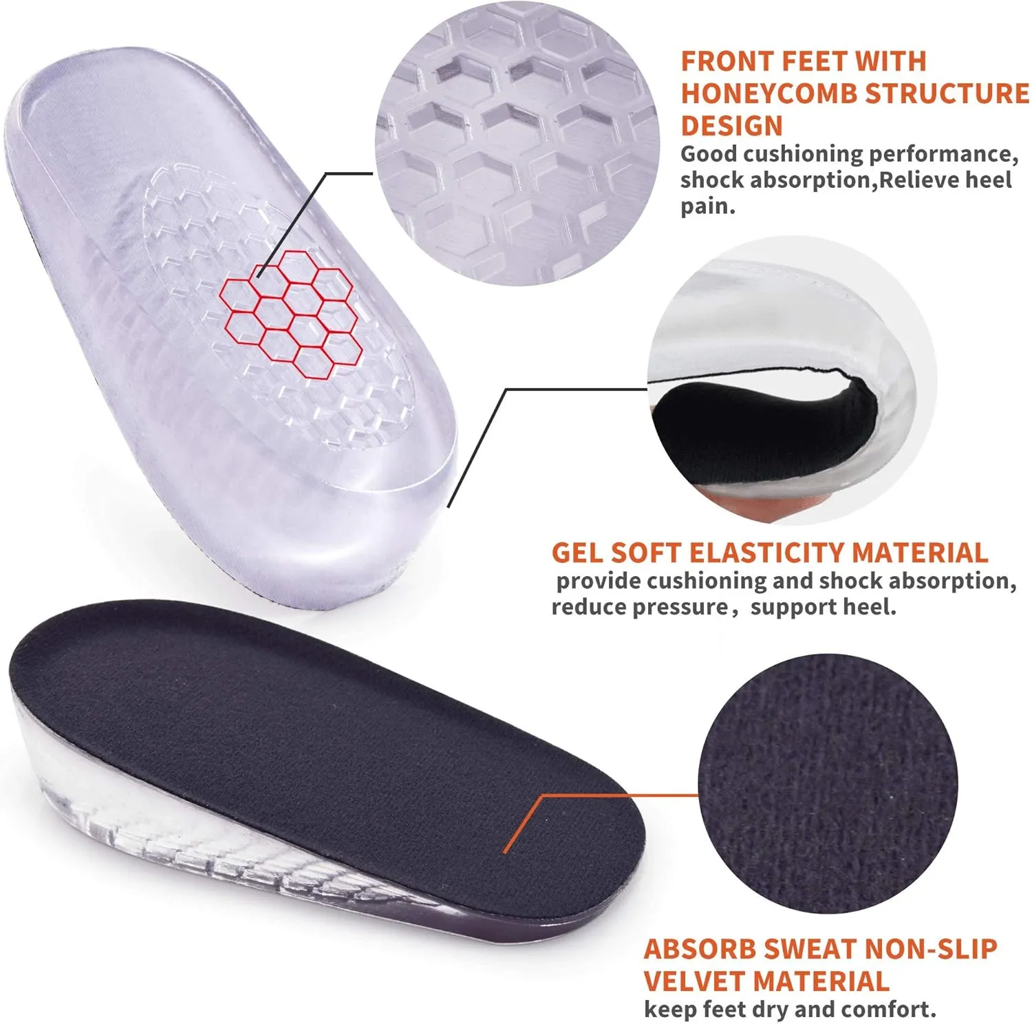 1 Pair Gel Height Increase Heel Insoles,Invisible Shoe Lifts Inserts,Cushion Elastic Shock Absorption Heel Pads,Increase Height 1cm2cm 3cm for Men and Women (Black, L for Men,heaght:1cm)