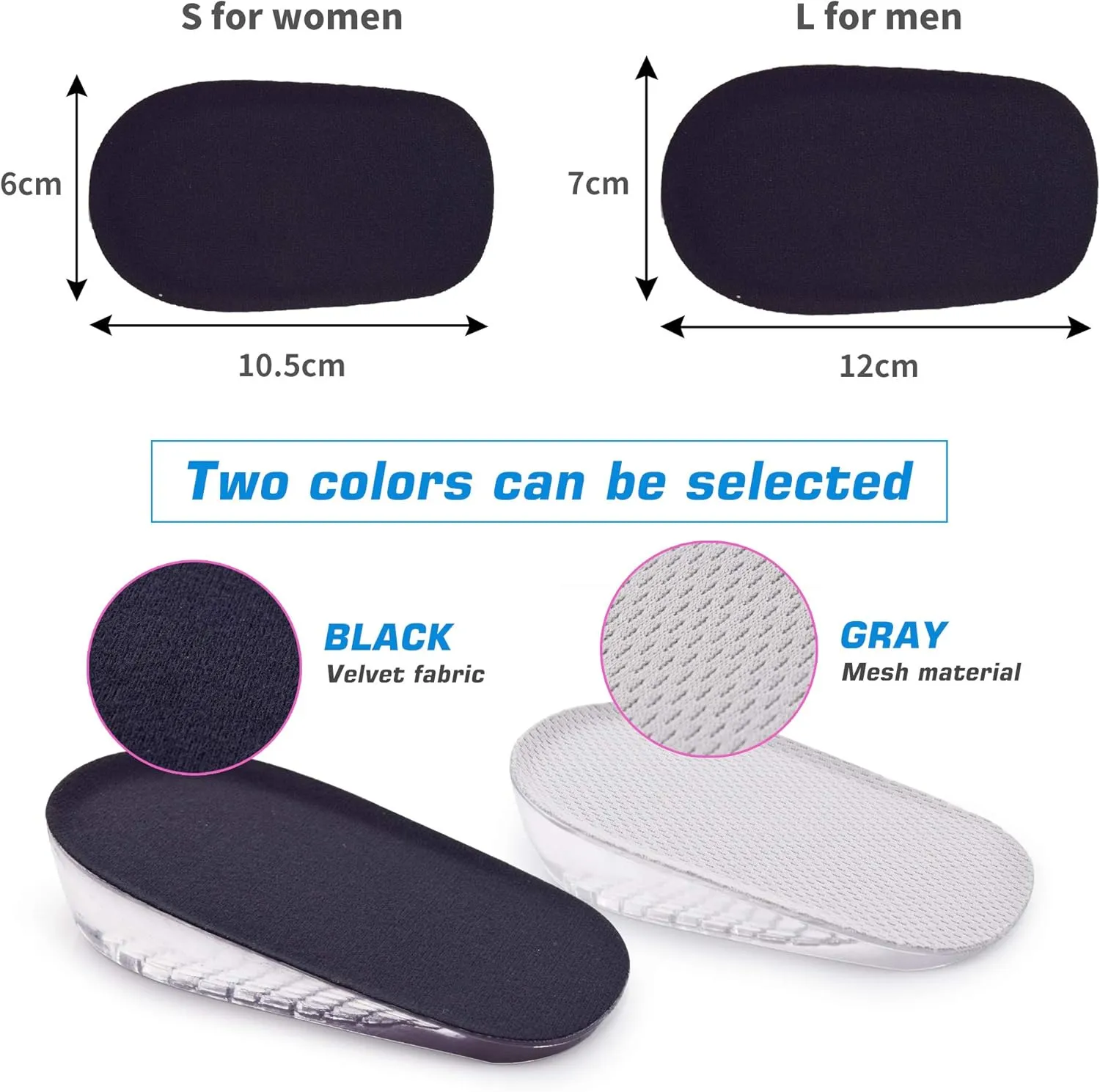 1 Pair Gel Height Increase Heel Insoles,Invisible Shoe Lifts Inserts,Cushion Elastic Shock Absorption Heel Pads,Increase Height 1cm2cm 3cm for Men and Women (Black, L for Men,heaght:1cm)