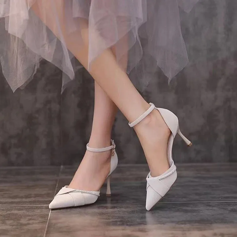 Hnzxzm Bling Crystal Ankle Strap Pumps for Women Sexy Pointed Toe Thin Heel Party Shoes Ladies Black White Pu Leather High Heels Shoes