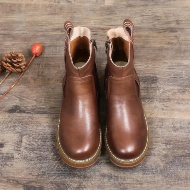 Women's Handmade Leather Ankle Boots Side Zipper Short Boots
