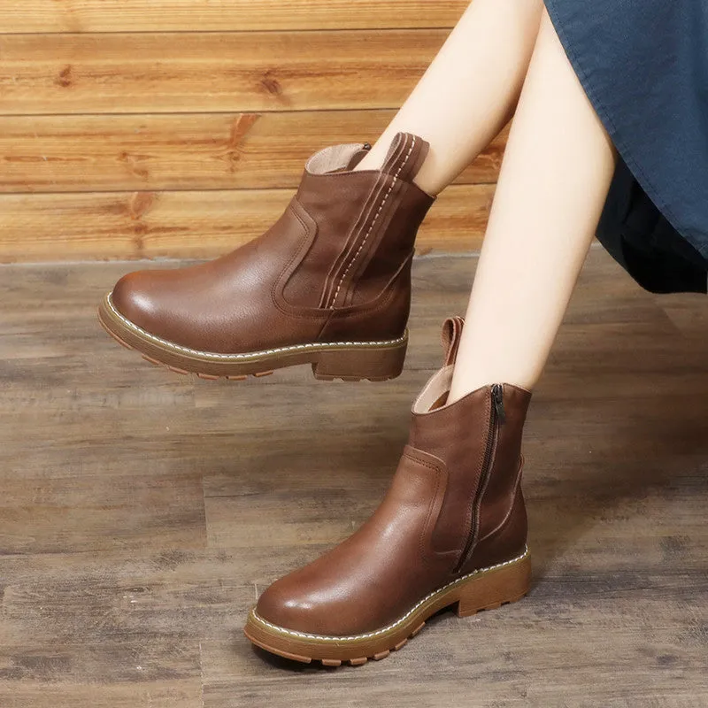 Women's Handmade Leather Ankle Boots Side Zipper Short Boots