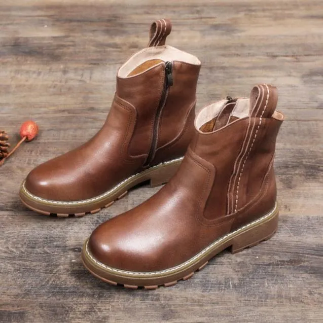Women's Handmade Leather Ankle Boots Side Zipper Short Boots